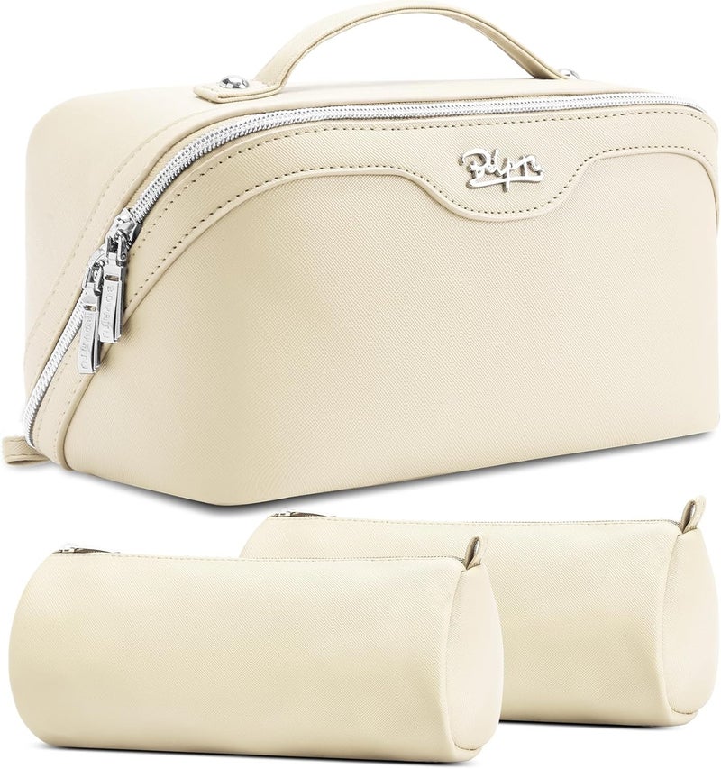 BOYATU Travel Makeup Bag Organizer Cosmetic Bag: 3 Pcs Set Make up Bags for Women with Handle - Waterproof Vegan Leather Toiletry Bags Travel Essentials Pouch with Compartments (C-04-White) - Image 1
